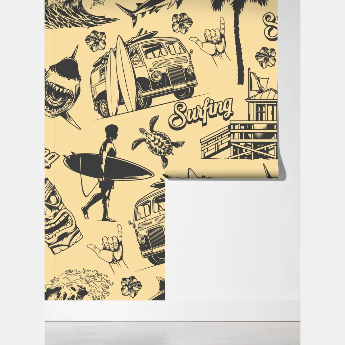 Fototapeta retro wzór surfingowy z furgonetką i falami – Wallissimo® Fototapeta retro wzór surfingowy z furgonetką i falami – Wallissimo®