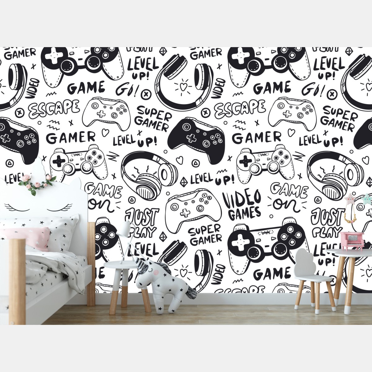 Wall mural gaming doodle pattern with controllers