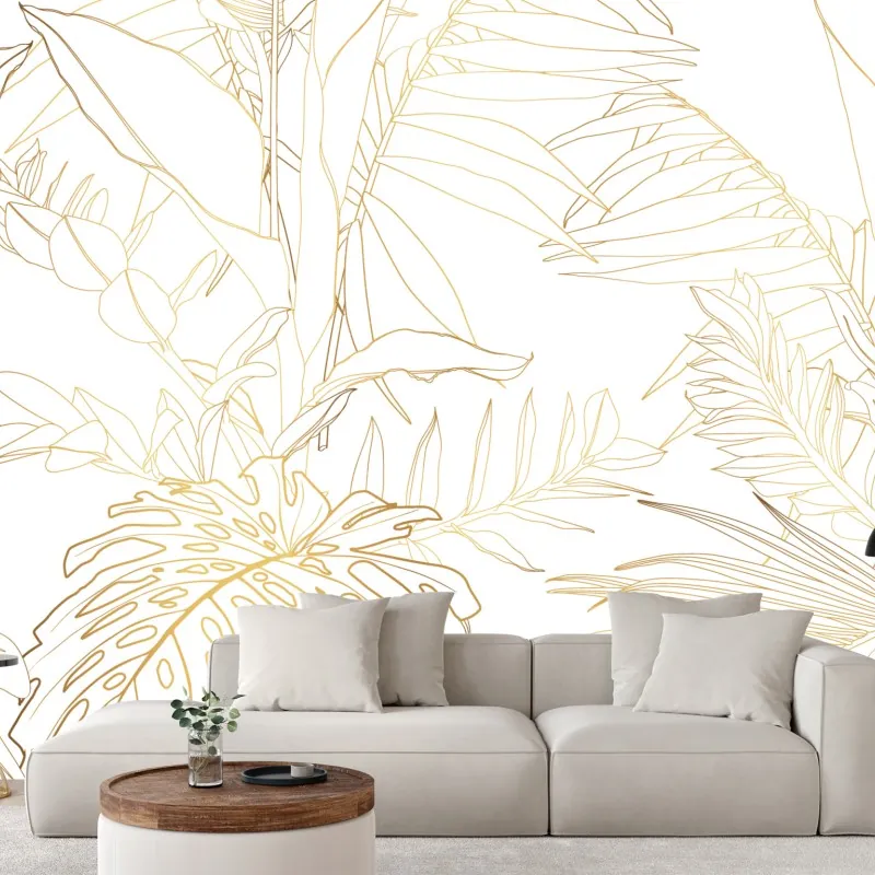 Fototapeta złote tropikalne liście line art