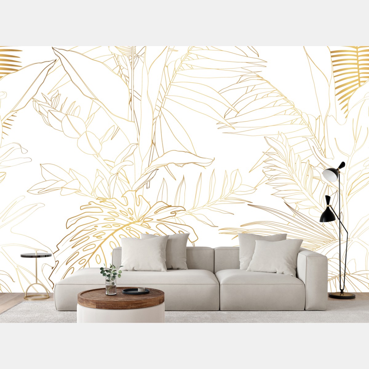 Wall mural gold tropical leaves line art