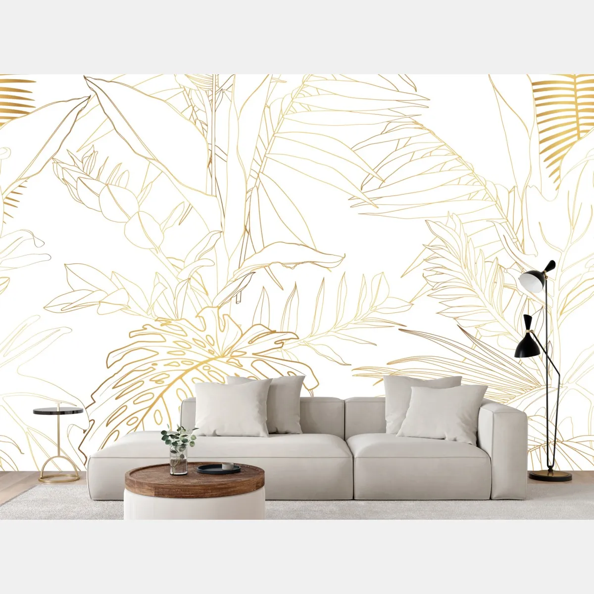 Fototapeta złote tropikalne liście line art – Wallissimo® Fototapeta złote tropikalne liście line art – Wallissimo®