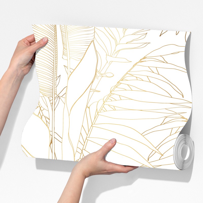 Fototapeta złote tropikalne liście line art – Wallissimo® Fototapeta złote tropikalne liście line art – Wallissimo®
