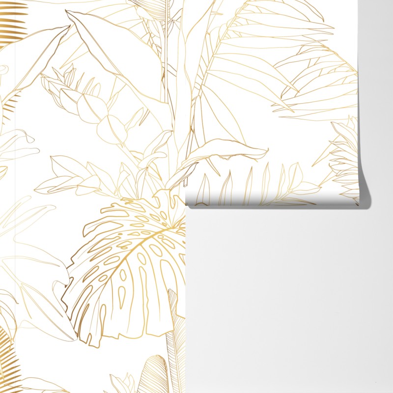 Fototapeta złote tropikalne liście line art – Wallissimo® Fototapeta złote tropikalne liście line art – Wallissimo®