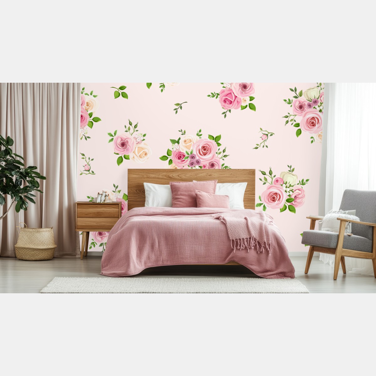 Wall mural delicate pink rose bouquet pattern