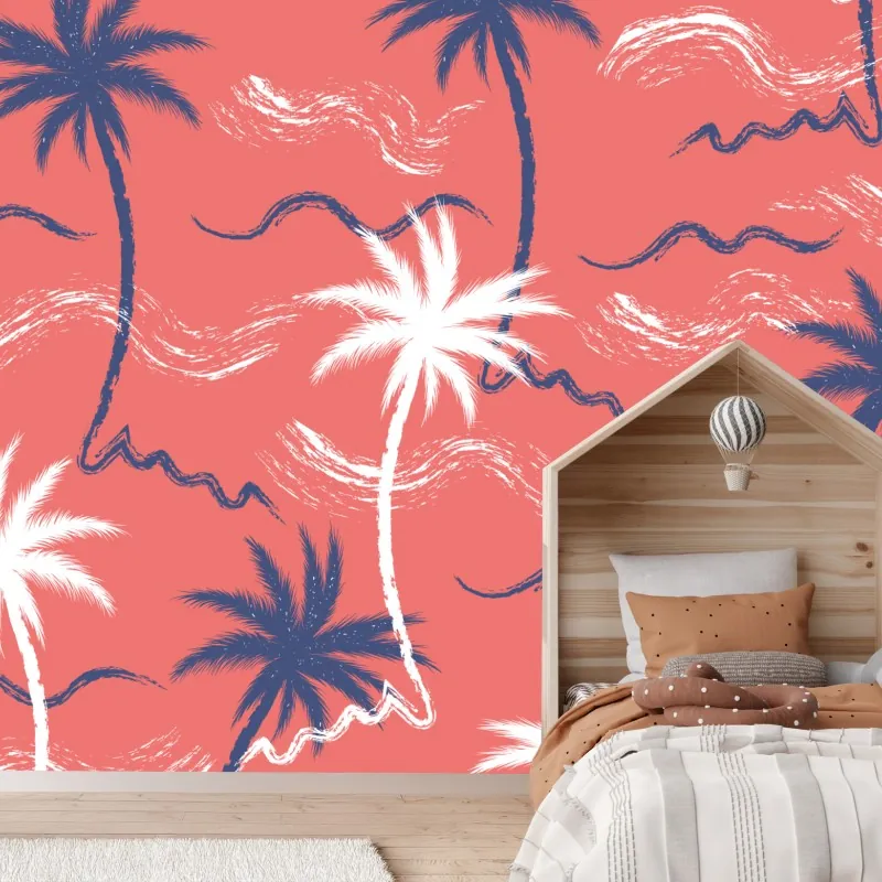 Fototapeta tropikalny wzór palm w kolorze koralowym i granatowym