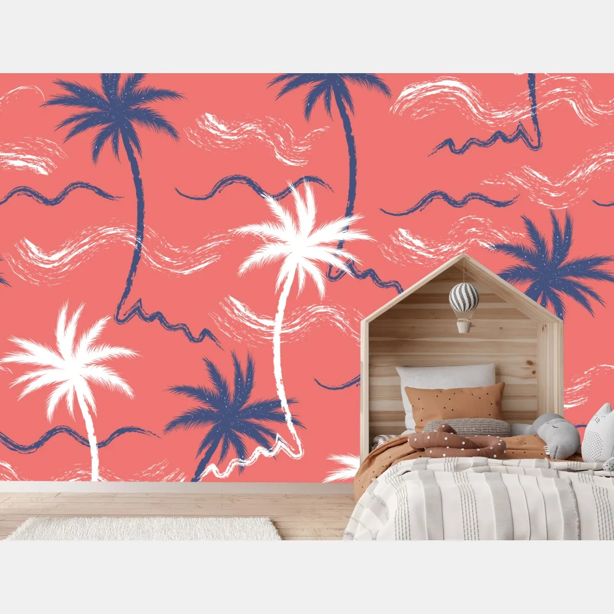 Fototapeta tropikalny wzór palm w kolorze koralowym i granatowym – Wallissimo® Fototapeta tropikalny wzór palm w kolorze koralowym i granatowym – Wallissimo®