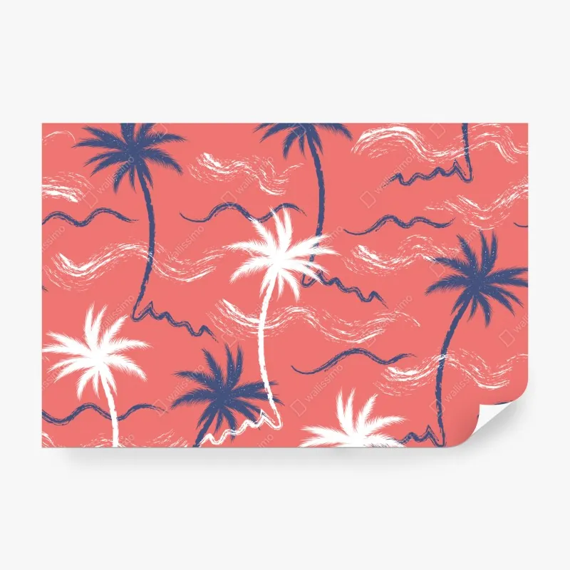 Fototapeta tropikalny wzór palm w kolorze koralowym i granatowym