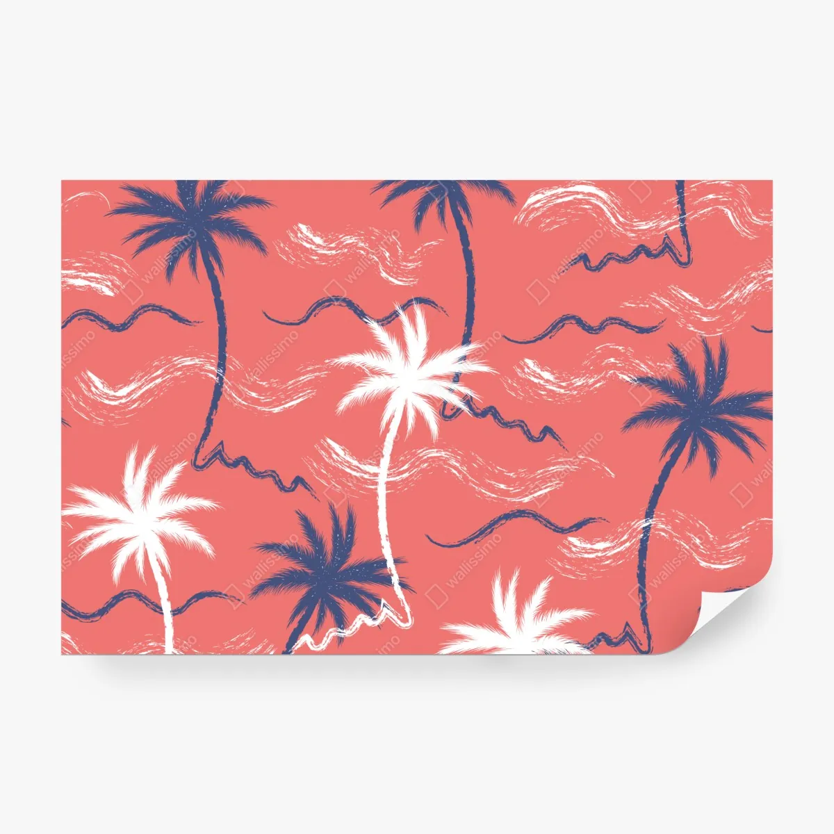 Fototapeta tropikalny wzór palm w kolorze koralowym i granatowym – Wallissimo® Fototapeta tropikalny wzór palm w kolorze koralowym i granatowym – Wallissimo®