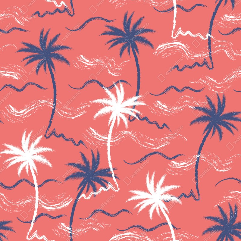 Fototapeta tropikalny wzór palm w kolorze koralowym i granatowym – Wallissimo® Fototapeta tropikalny wzór palm w kolorze koralowym i granatowym – Wallissimo®