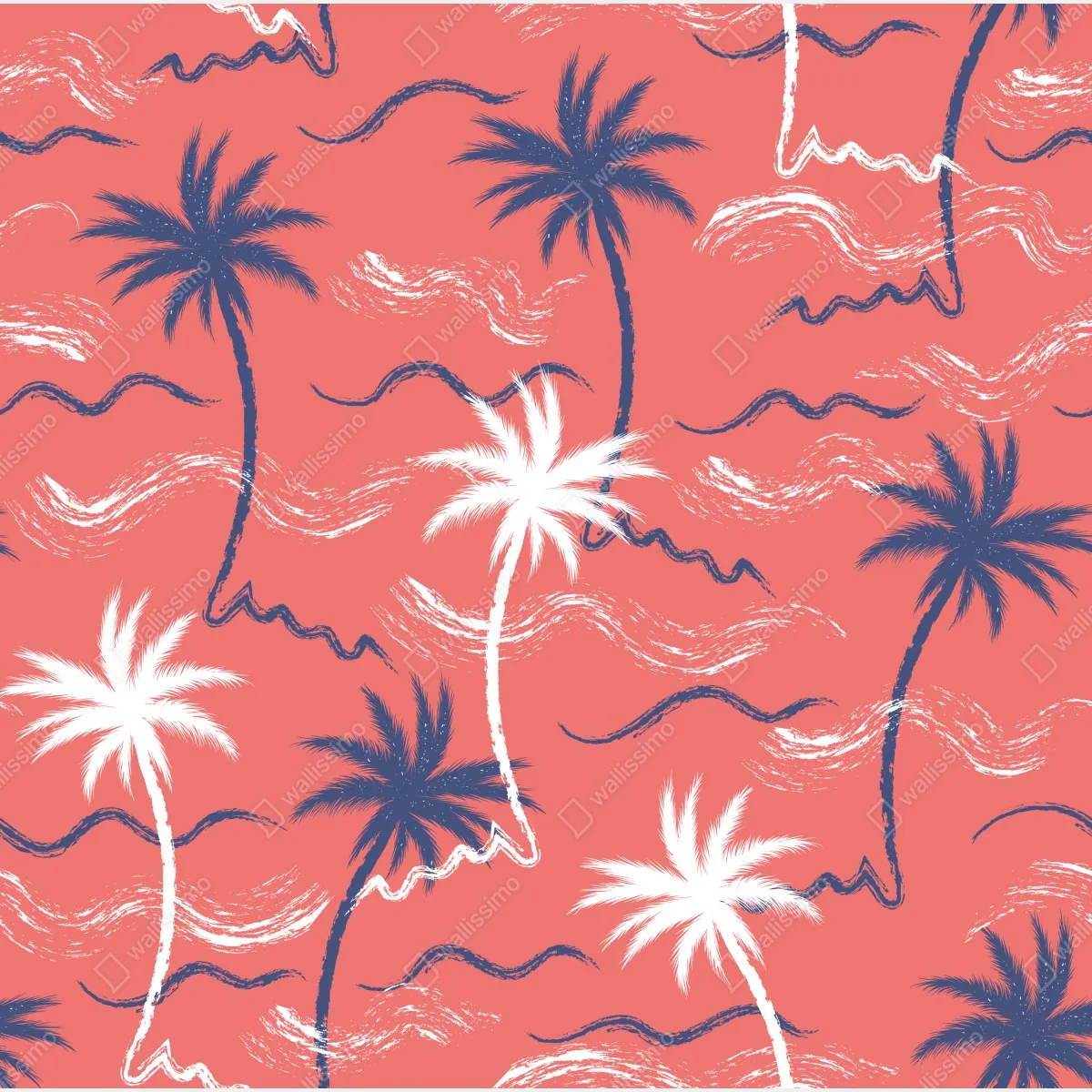 Fototapeta tropikalny wzór palm w kolorze koralowym i granatowym – Wallissimo® Fototapeta tropikalny wzór palm w kolorze koralowym i granatowym – Wallissimo®
