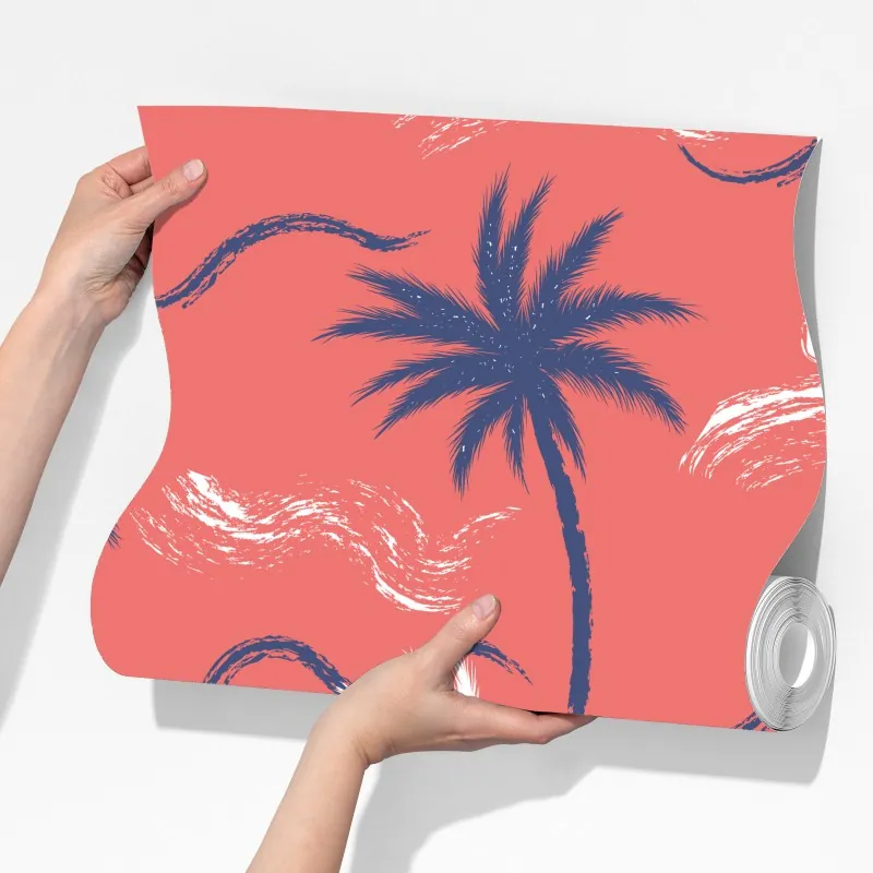 Fototapeta tropikalny wzór palm w kolorze koralowym i granatowym – Wallissimo® Fototapeta tropikalny wzór palm w kolorze koralowym i granatowym – Wallissimo®