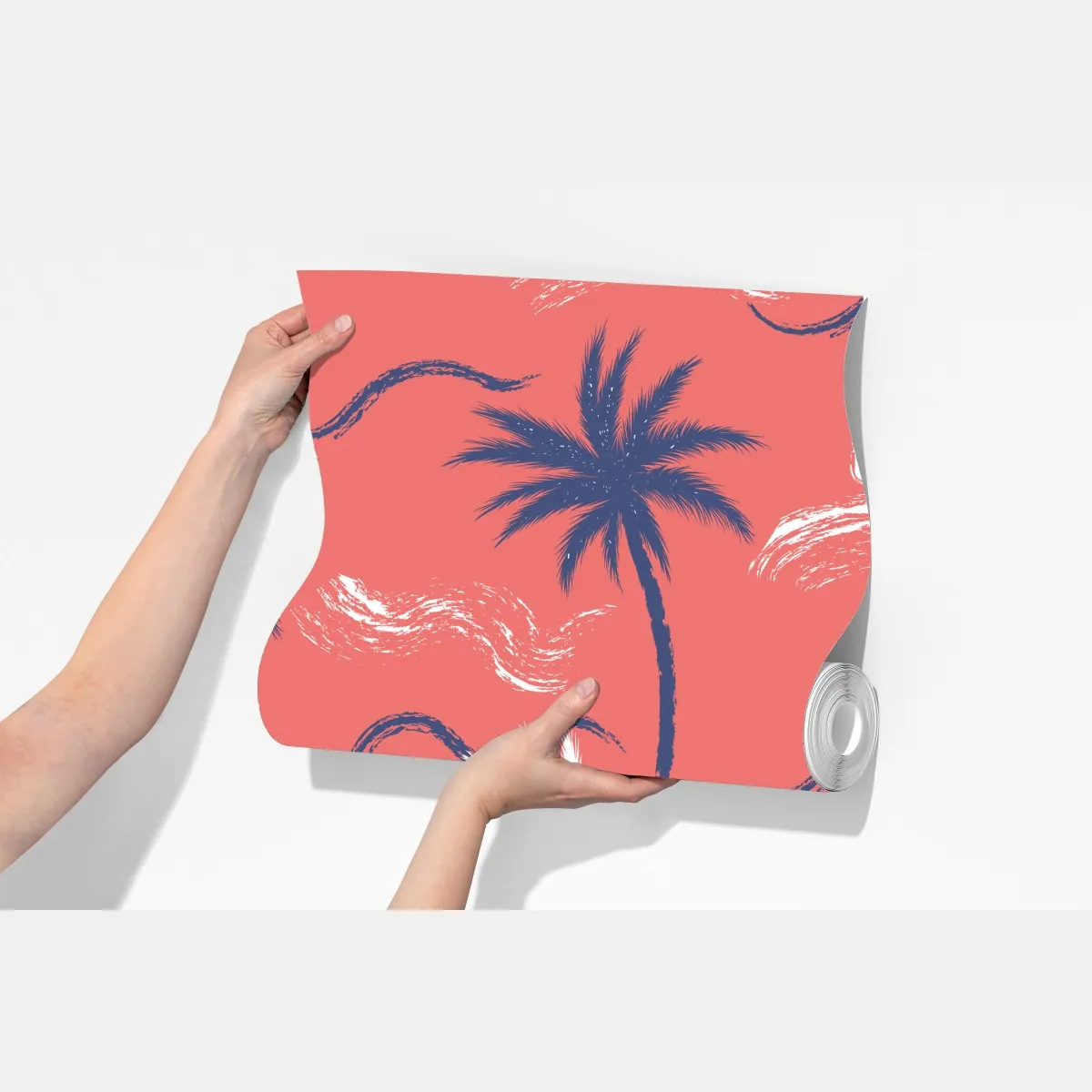 Fototapeta tropikalny wzór palm w kolorze koralowym i granatowym – Wallissimo® Fototapeta tropikalny wzór palm w kolorze koralowym i granatowym – Wallissimo®