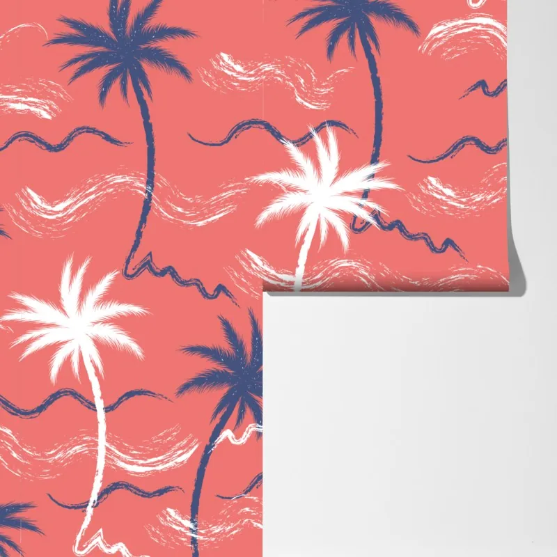 Fototapeta tropikalny wzór palm w kolorze koralowym i granatowym – Wallissimo® Fototapeta tropikalny wzór palm w kolorze koralowym i granatowym – Wallissimo®