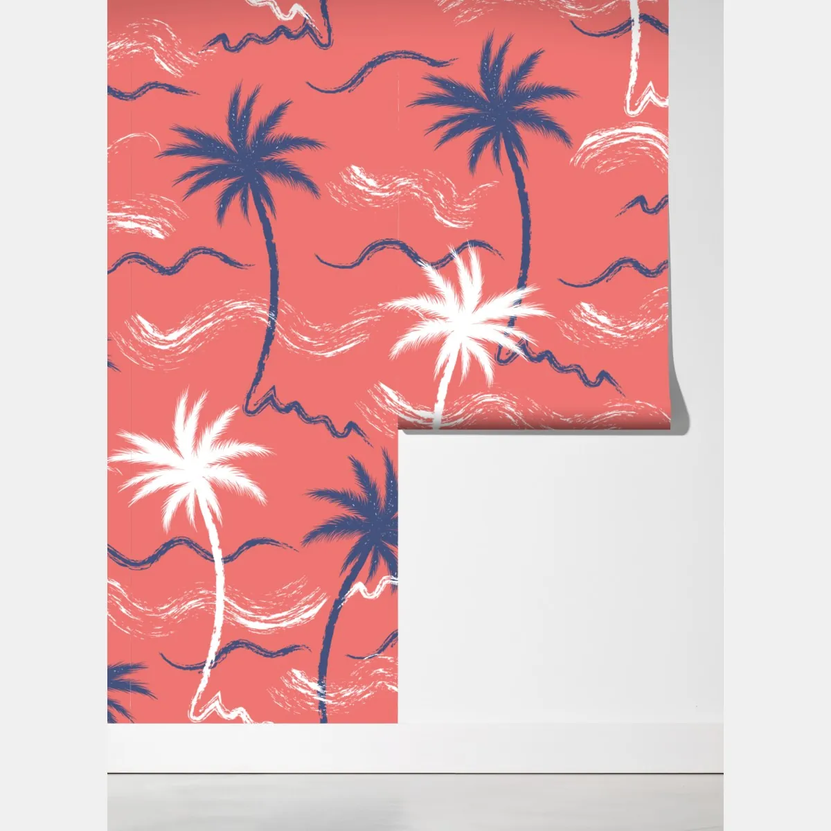 Fototapeta tropikalny wzór palm w kolorze koralowym i granatowym – Wallissimo® Fototapeta tropikalny wzór palm w kolorze koralowym i granatowym – Wallissimo®