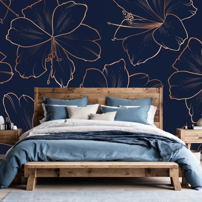 Fototapeta granatowy motyw z złotymi konturami kwiatów