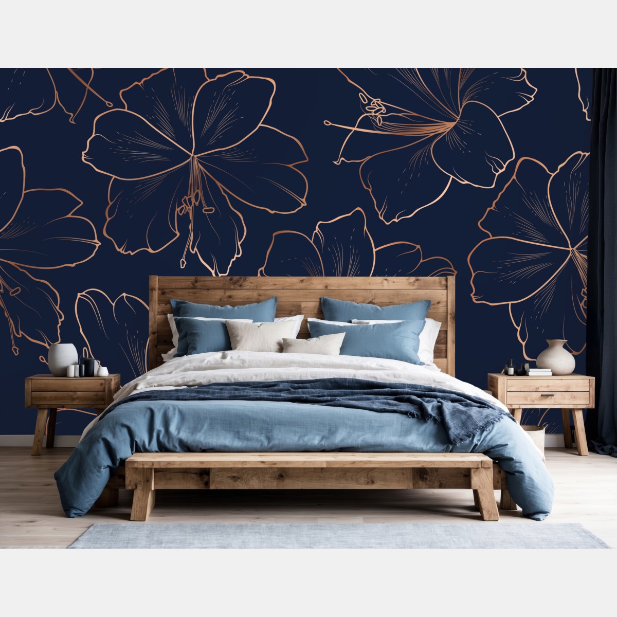 Wall mural navy and gold floral line art print