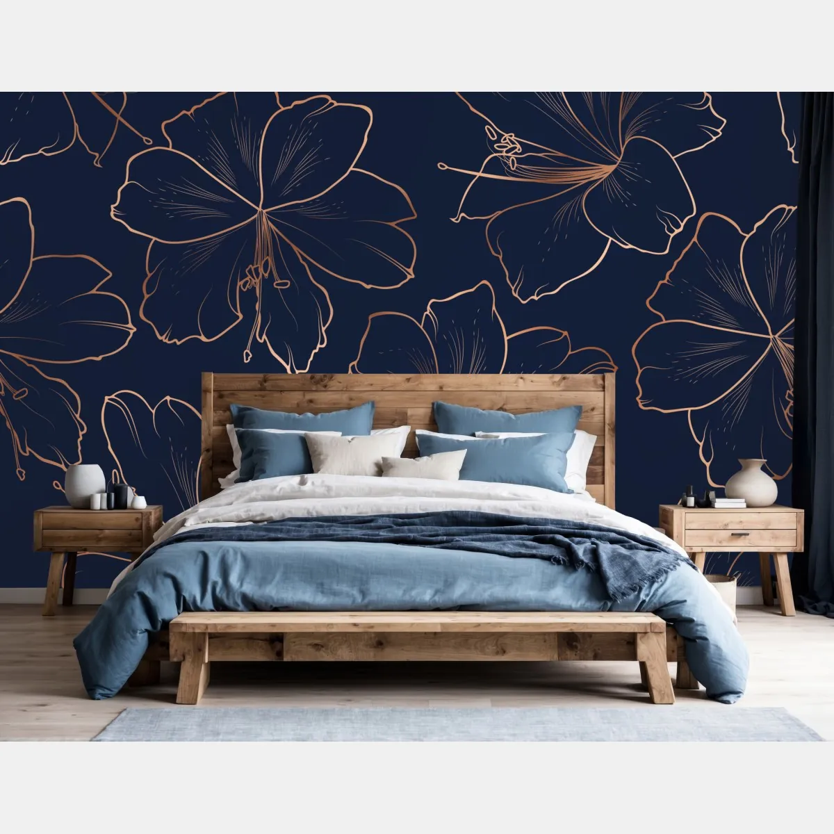 Fototapeta granatowy motyw z złotymi konturami kwiatów – Wallissimo® Fototapeta granatowy motyw z złotymi konturami kwiatów – Wallissimo®
