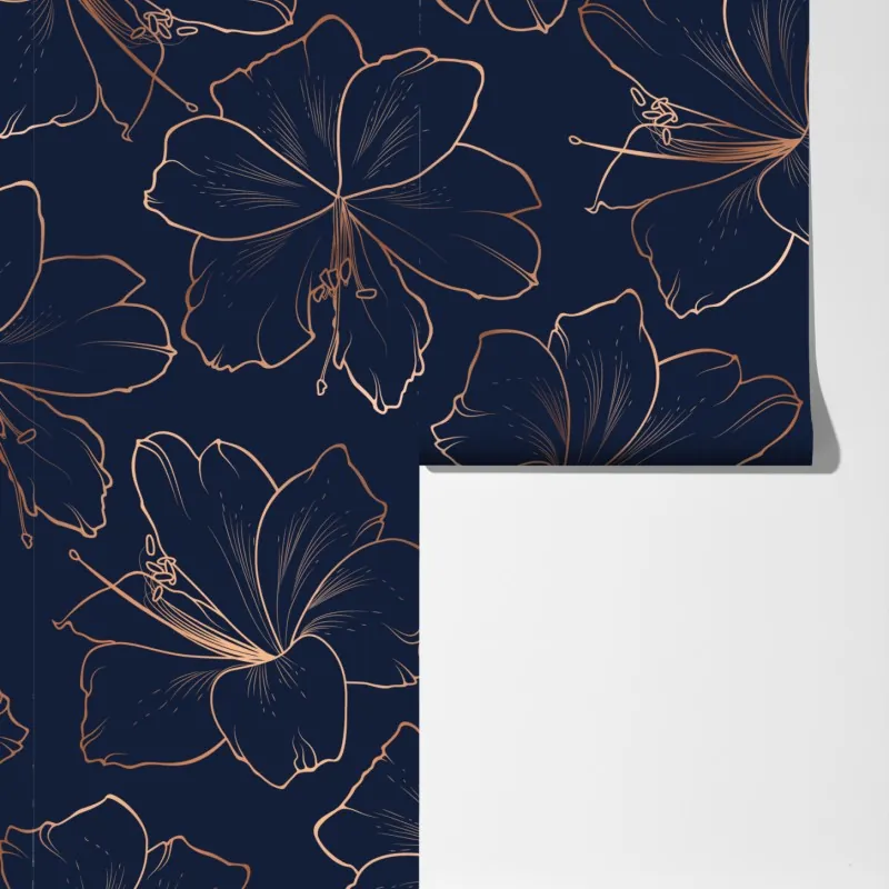 Fototapeta granatowy motyw z złotymi konturami kwiatów – Wallissimo® Fototapeta granatowy motyw z złotymi konturami kwiatów – Wallissimo®