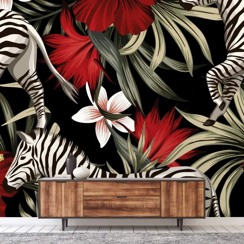 Fototapeta tropikalny wzór zebry i kwiatów