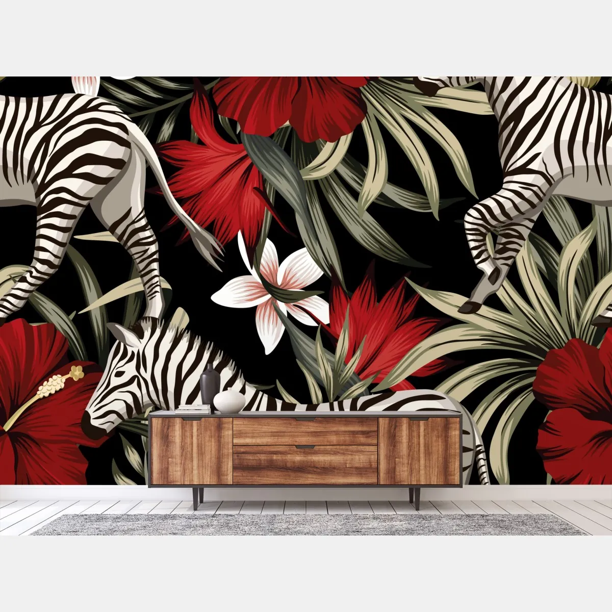 Fototapeta tropikalny wzór zebry i kwiatów – Wallissimo® Fototapeta tropikalny wzór zebry i kwiatów – Wallissimo®