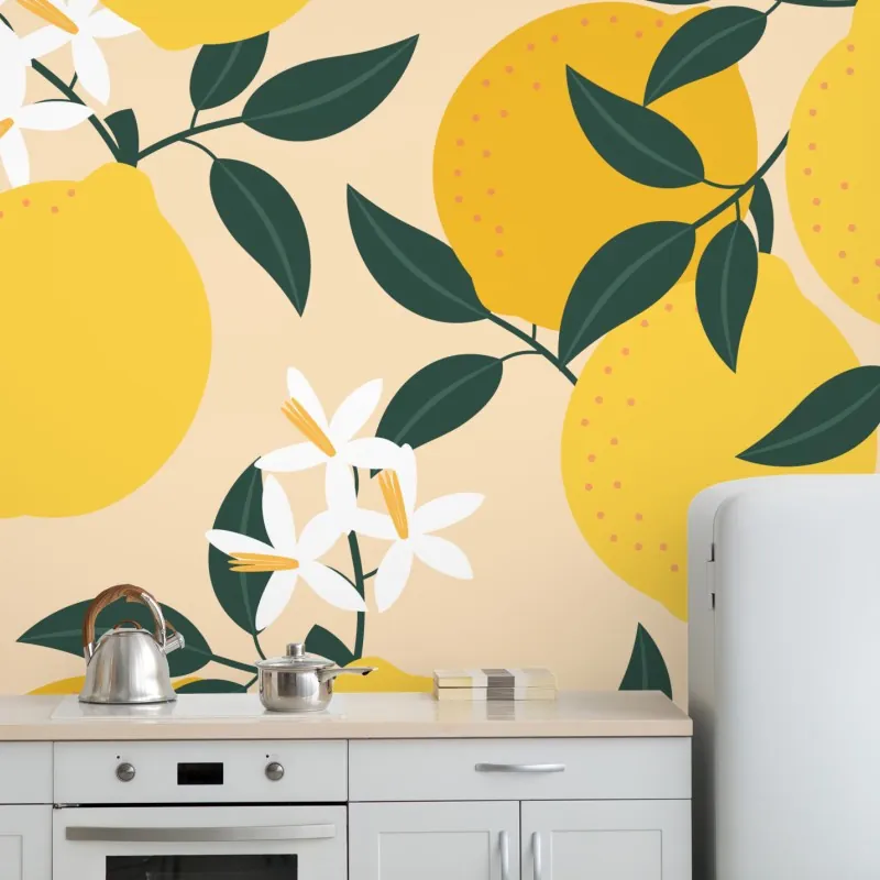 Fototapeta jasny wzór z cytrynami i kwiatami