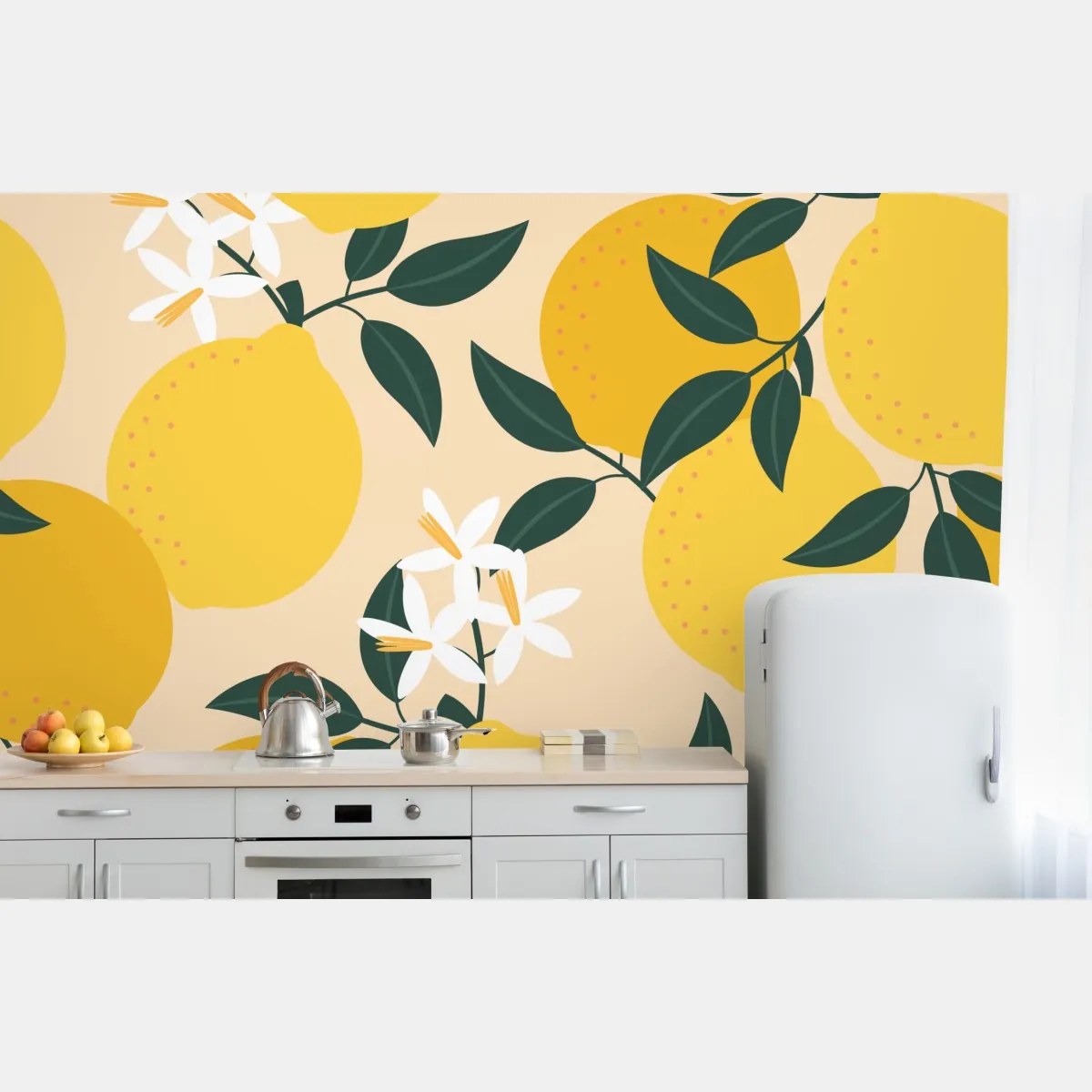 Fototapeta jasny wzór z cytrynami i kwiatami – Wallissimo® Fototapeta jasny wzór z cytrynami i kwiatami – Wallissimo®