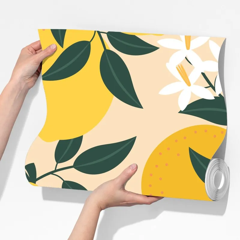 Fototapeta jasny wzór z cytrynami i kwiatami – Wallissimo® Fototapeta jasny wzór z cytrynami i kwiatami – Wallissimo®