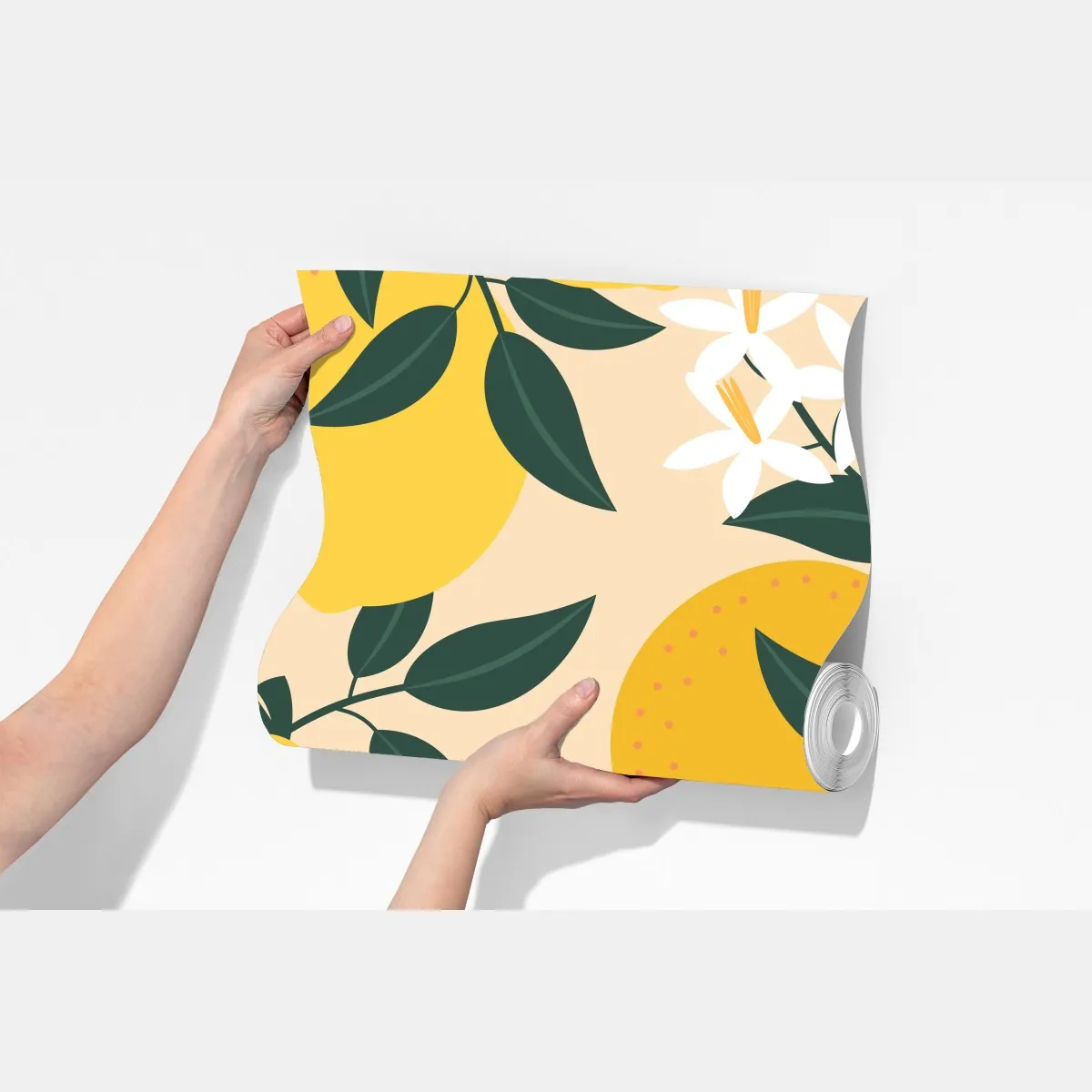 Fototapeta jasny wzór z cytrynami i kwiatami – Wallissimo® Fototapeta jasny wzór z cytrynami i kwiatami – Wallissimo®