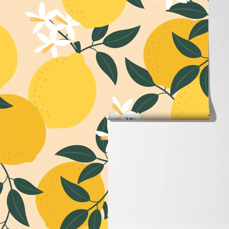 Fototapeta jasny wzór z cytrynami i kwiatami – Wallissimo® Fototapeta jasny wzór z cytrynami i kwiatami – Wallissimo®