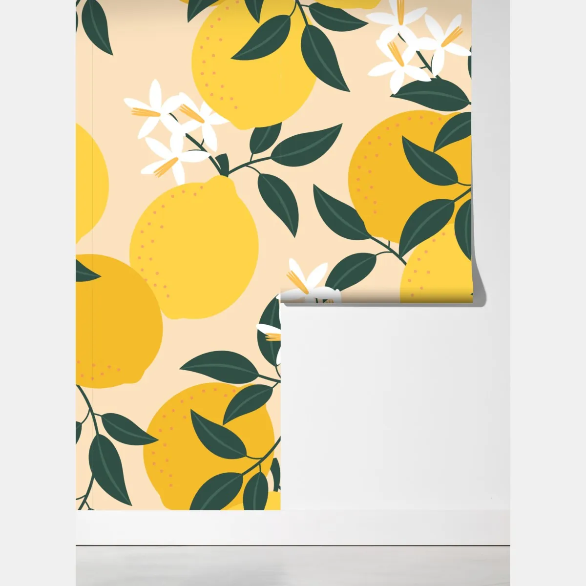 Fototapeta jasny wzór z cytrynami i kwiatami – Wallissimo® Fototapeta jasny wzór z cytrynami i kwiatami – Wallissimo®