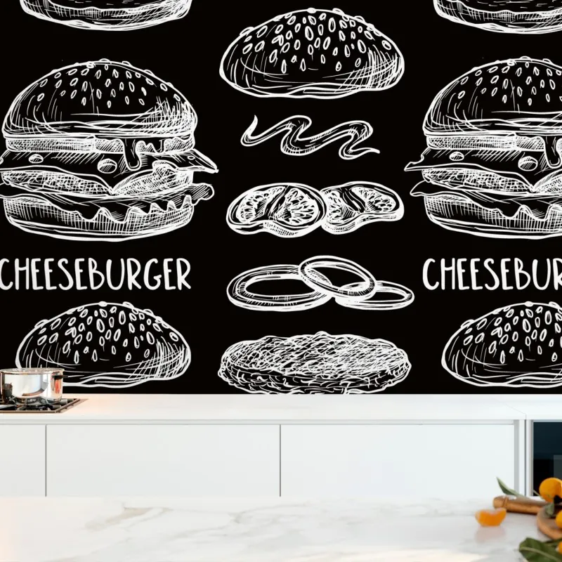 Fototapeta ręcznie rysowany wzór burgerów na czarnym tle