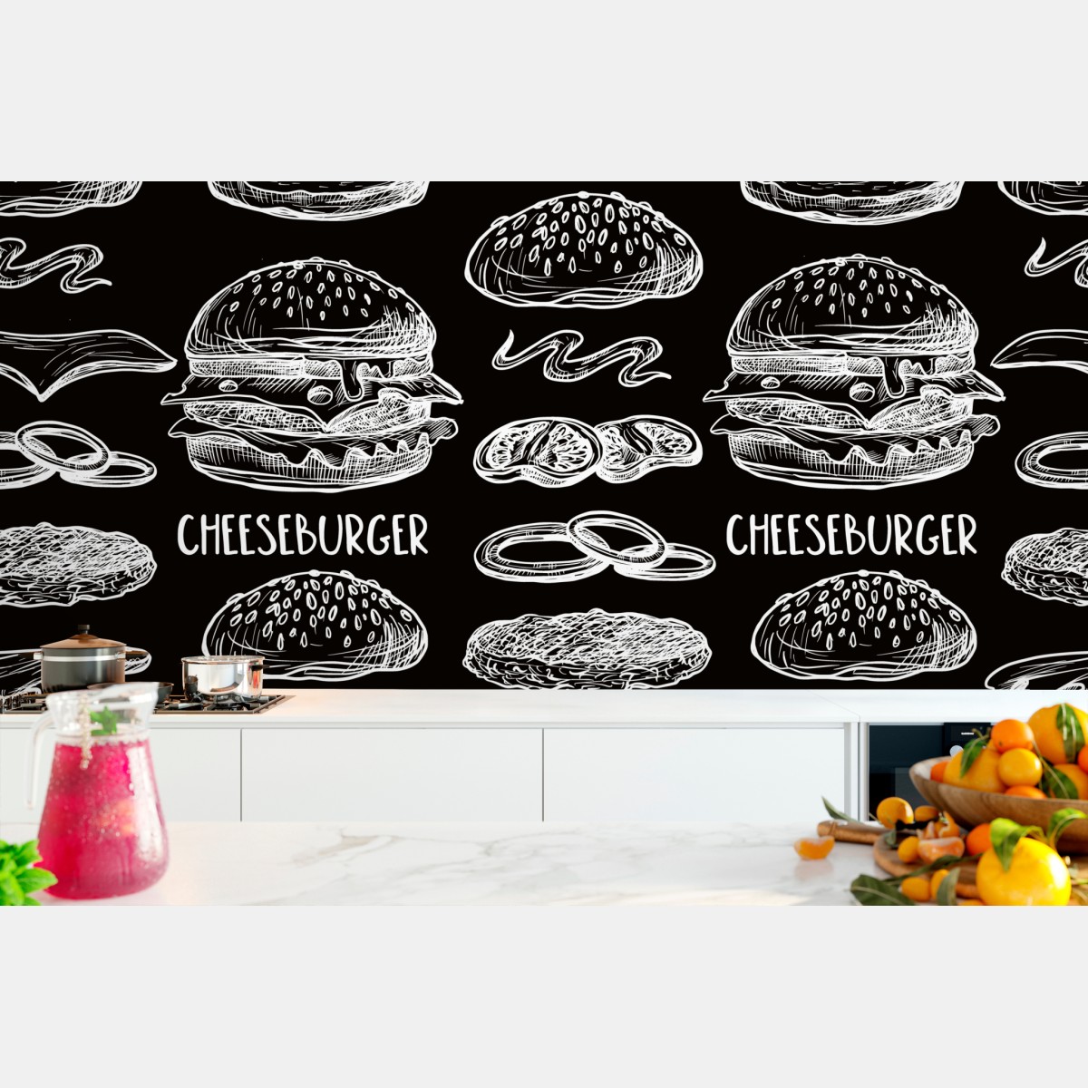 Wall mural hand-drawn burger pattern on black background