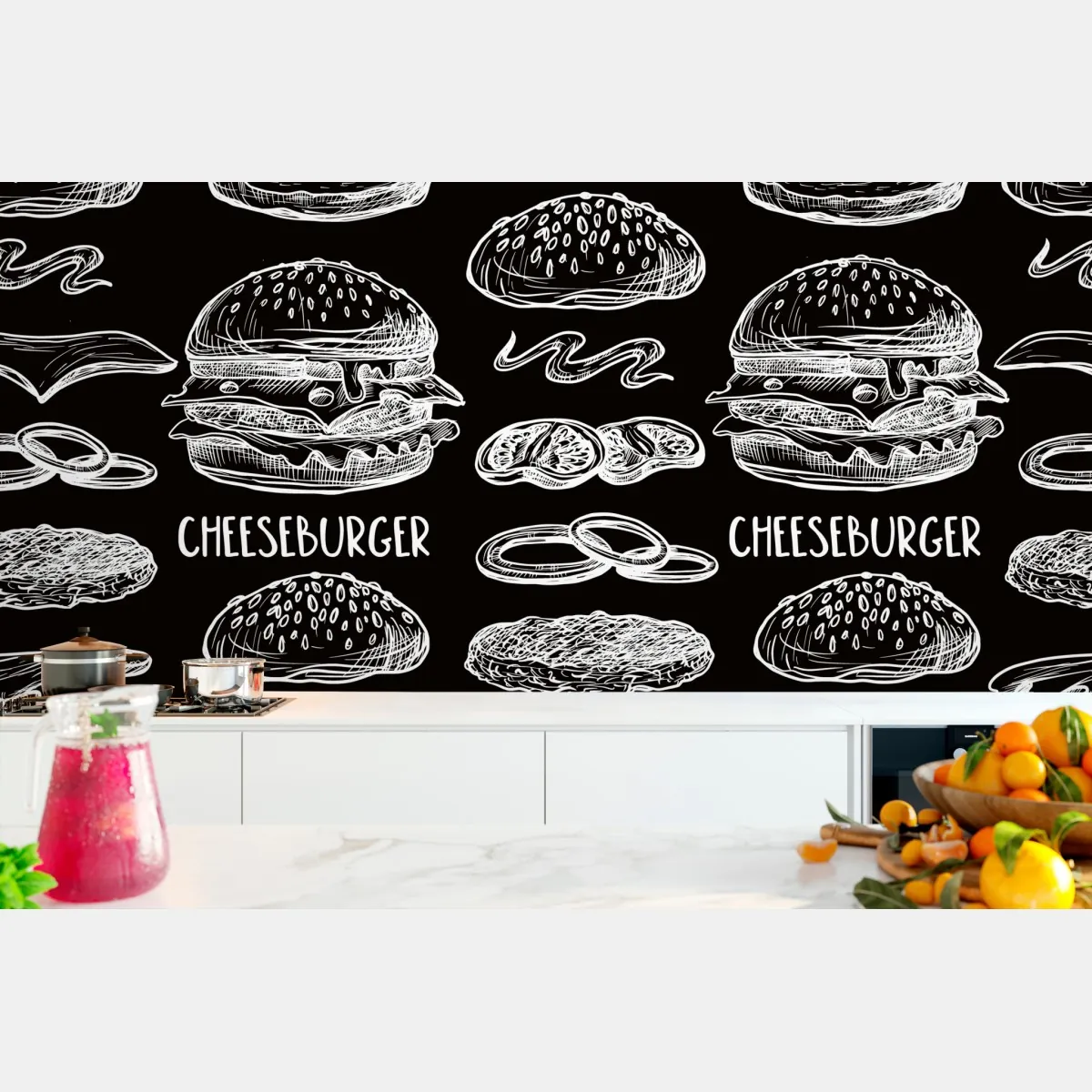 Fototapeta ręcznie rysowany wzór burgerów na czarnym tle – Wallissimo® Fototapeta ręcznie rysowany wzór burgerów na czarnym tle – Wallissimo®