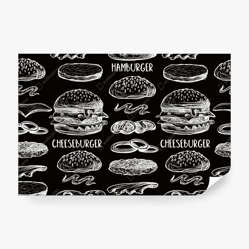 Fototapeta ręcznie rysowany wzór burgerów na czarnym tle