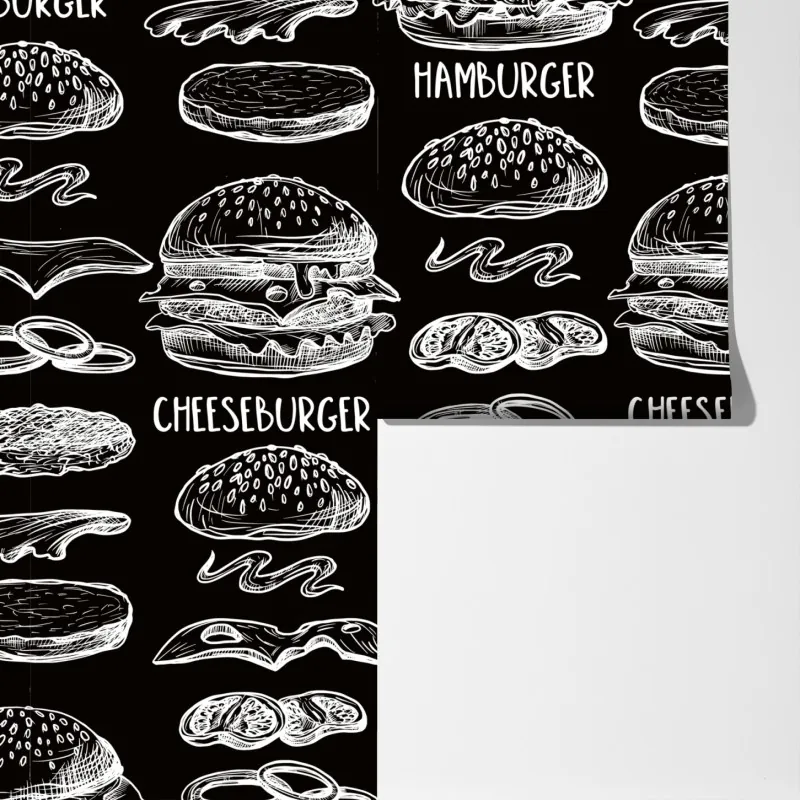 Fototapeta ręcznie rysowany wzór burgerów na czarnym tle – Wallissimo® Fototapeta ręcznie rysowany wzór burgerów na czarnym tle – Wallissimo®