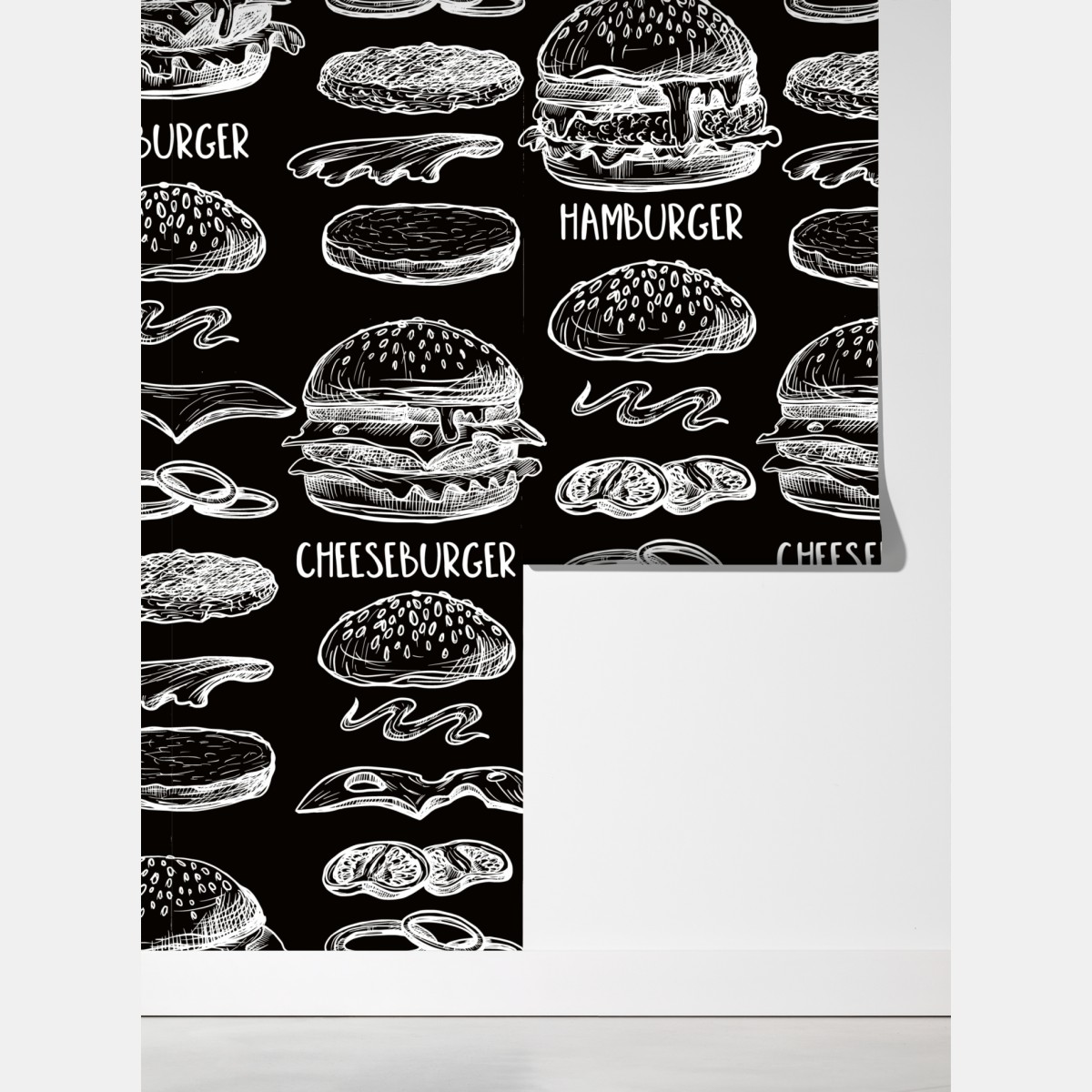 Fototapeta ręcznie rysowany wzór burgerów na czarnym tle – Wallissimo® Fototapeta ręcznie rysowany wzór burgerów na czarnym tle – Wallissimo®