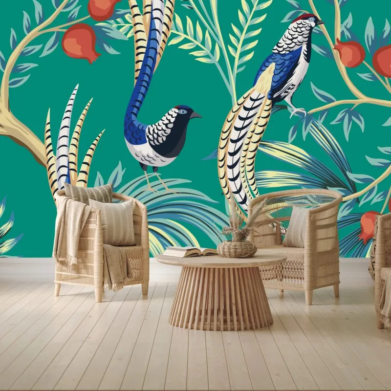 Fototapeta egzotyczny wzór z ptakami i granatami