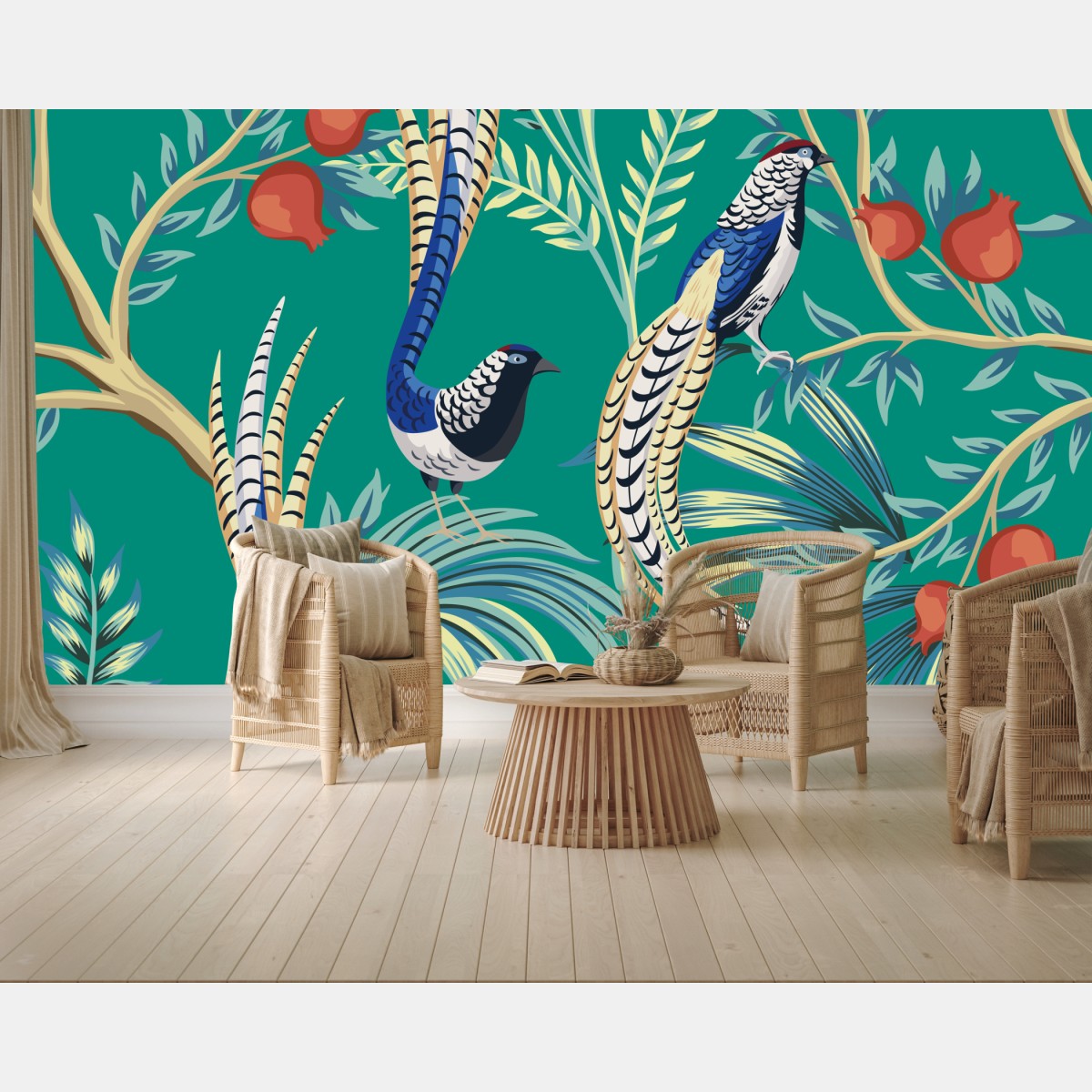 Wall mural exotic bird and pomegranate pattern