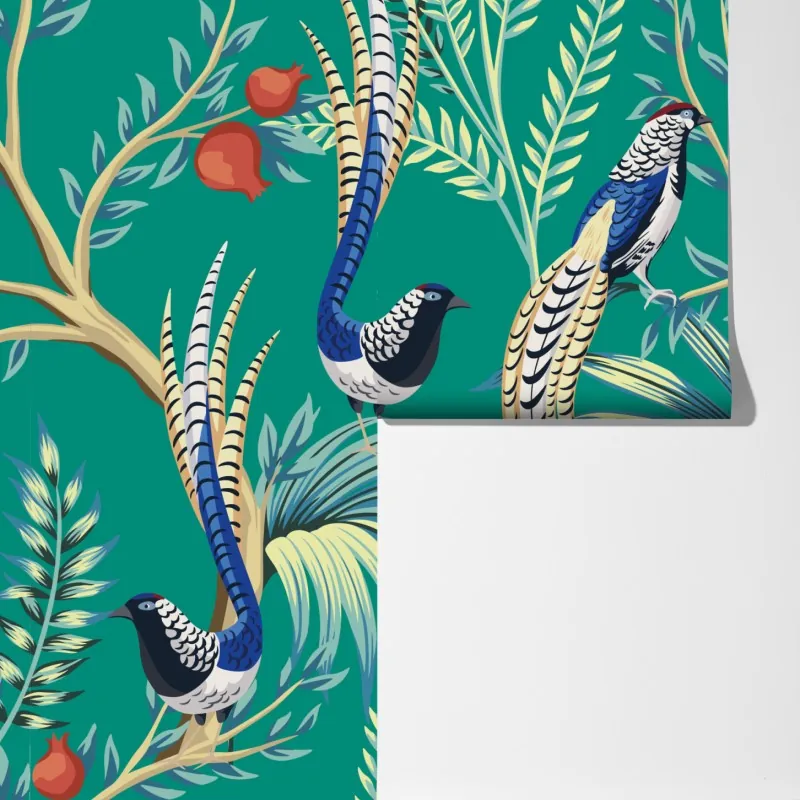 Fototapeta egzotyczny wzór z ptakami i granatami – Wallissimo® Fototapeta egzotyczny wzór z ptakami i granatami – Wallissimo®