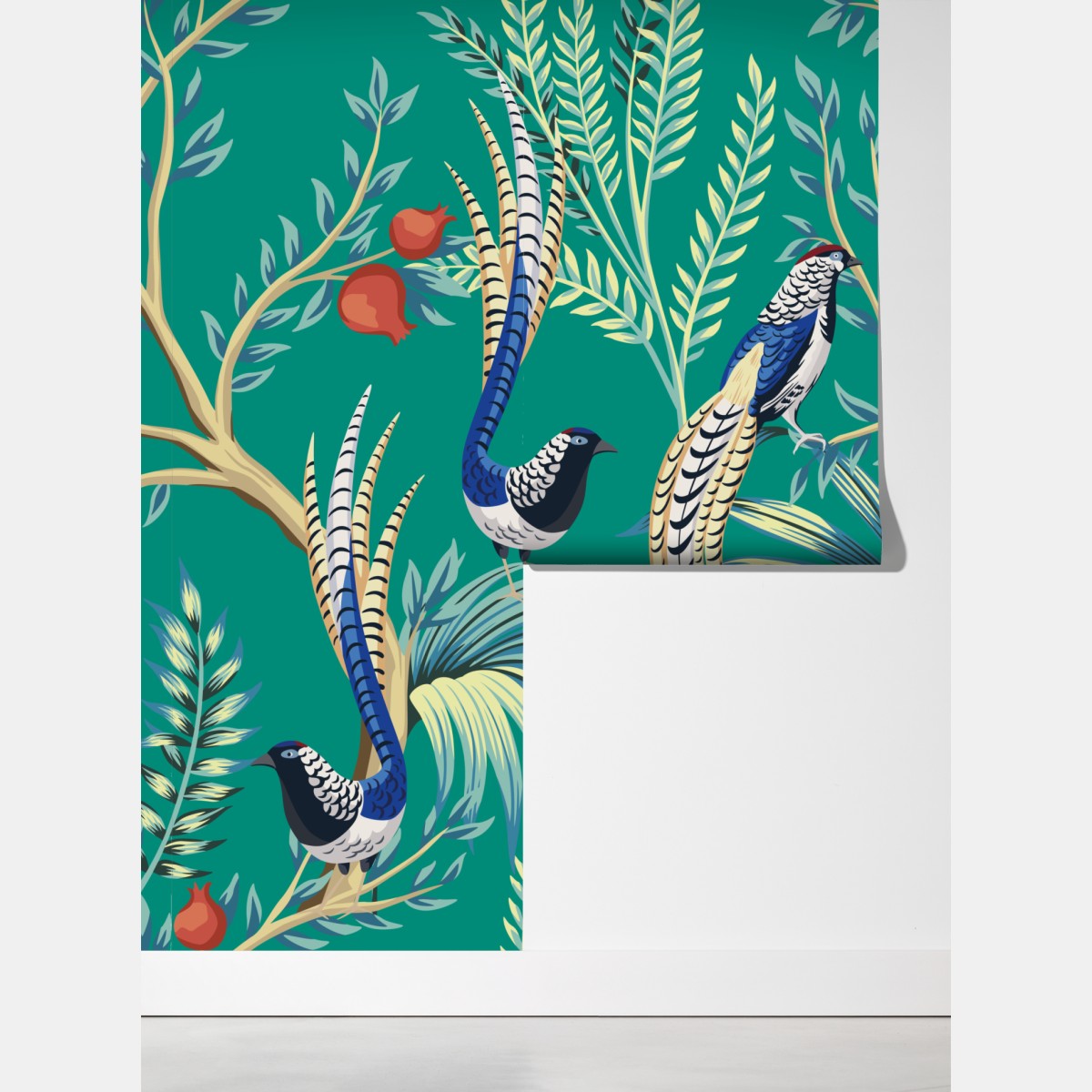 Fototapeta egzotyczny wzór z ptakami i granatami – Wallissimo® Fototapeta egzotyczny wzór z ptakami i granatami – Wallissimo®