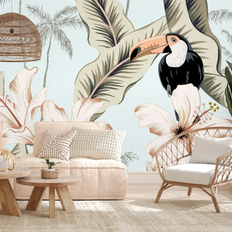 Fototapeta tropikalny motyw z tukanem i hibiskusem