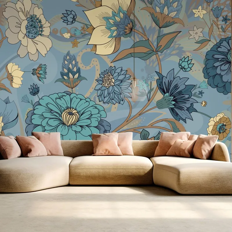 Fototapeta wzór kwiatowy w stonowanych niebiesko-beżowych odcieniach