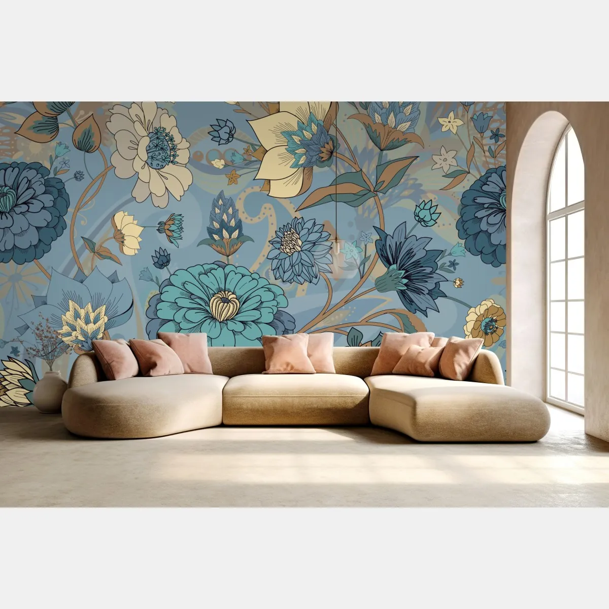 Fototapeta wzór kwiatowy w stonowanych niebiesko-beżowych odcieniach – Wallissimo® Fototapeta wzór kwiatowy w stonowanych niebiesko-beżowych odcieniach – Wallissimo®