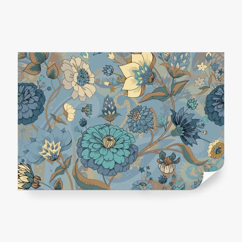 Fototapeta wzór kwiatowy w stonowanych niebiesko-beżowych odcieniach