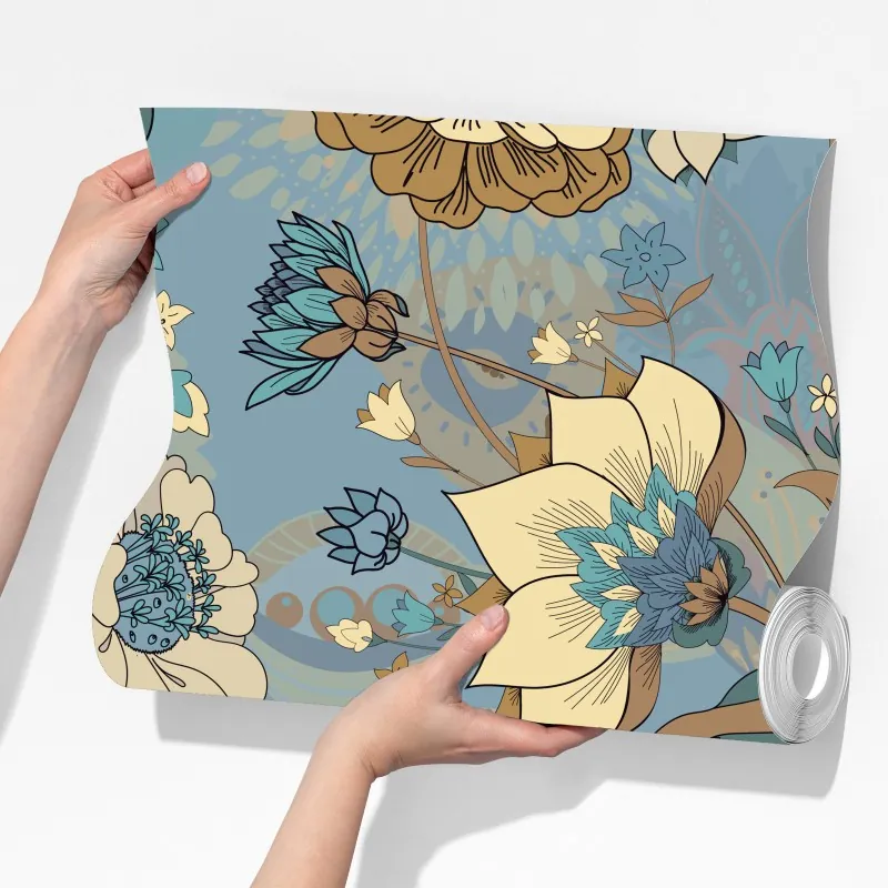 Fototapeta wzór kwiatowy w stonowanych niebiesko-beżowych odcieniach – Wallissimo® Fototapeta wzór kwiatowy w stonowanych niebiesko-beżowych odcieniach – Wallissimo®