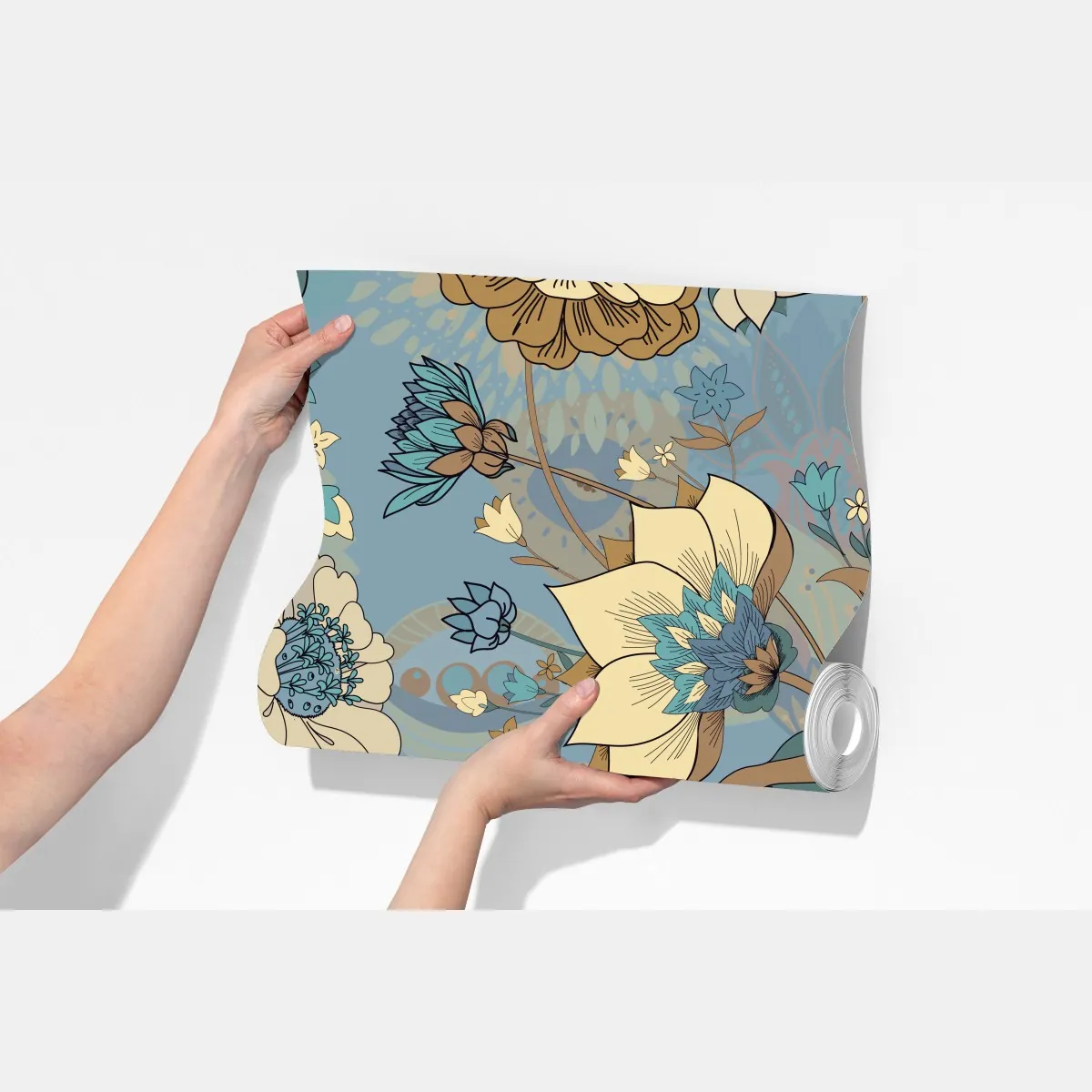 Fototapeta wzór kwiatowy w stonowanych niebiesko-beżowych odcieniach – Wallissimo® Fototapeta wzór kwiatowy w stonowanych niebiesko-beżowych odcieniach – Wallissimo®