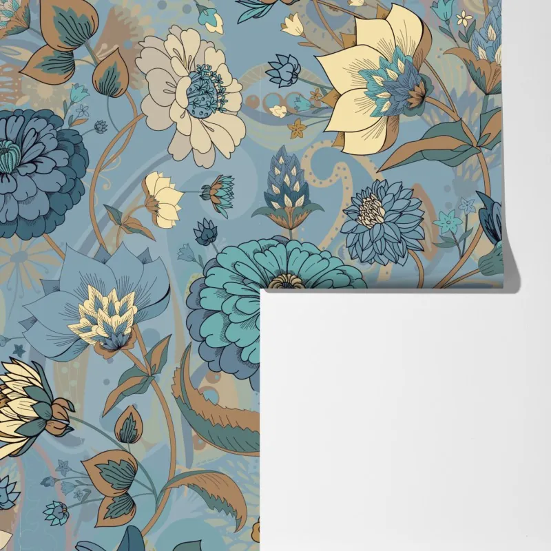 Fototapeta wzór kwiatowy w stonowanych niebiesko-beżowych odcieniach – Wallissimo® Fototapeta wzór kwiatowy w stonowanych niebiesko-beżowych odcieniach – Wallissimo®