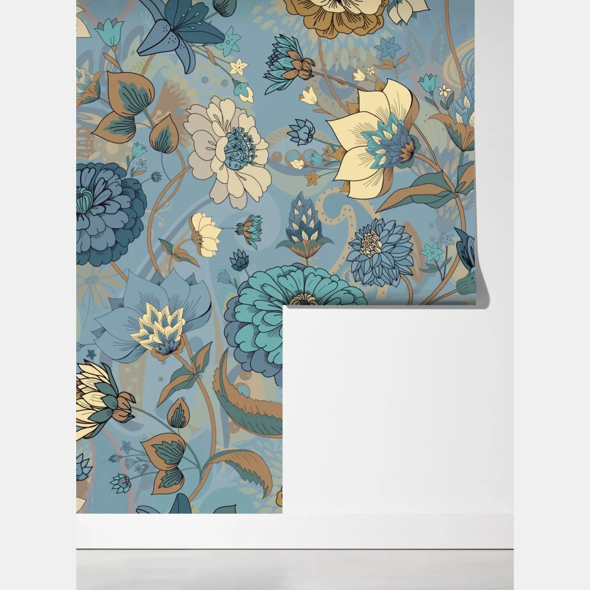 Fototapeta wzór kwiatowy w stonowanych niebiesko-beżowych odcieniach – Wallissimo® Fototapeta wzór kwiatowy w stonowanych niebiesko-beżowych odcieniach – Wallissimo®