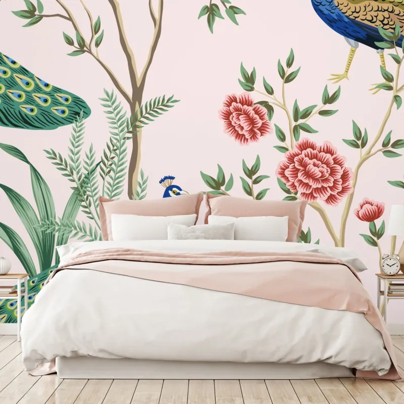 Fototapeta elegancki wzór z pawiem i kwiatami na różowym tle