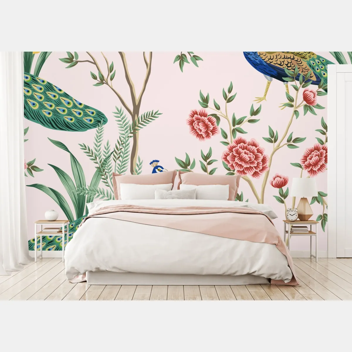 Fototapeta elegancki wzór z pawiem i kwiatami na różowym tle – Wallissimo® Fototapeta elegancki wzór z pawiem i kwiatami na różowym tle – Wallissimo®